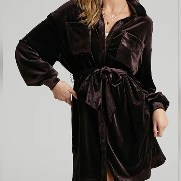 Velvet Button-Down Dress in Brown - Picture 3 of 7